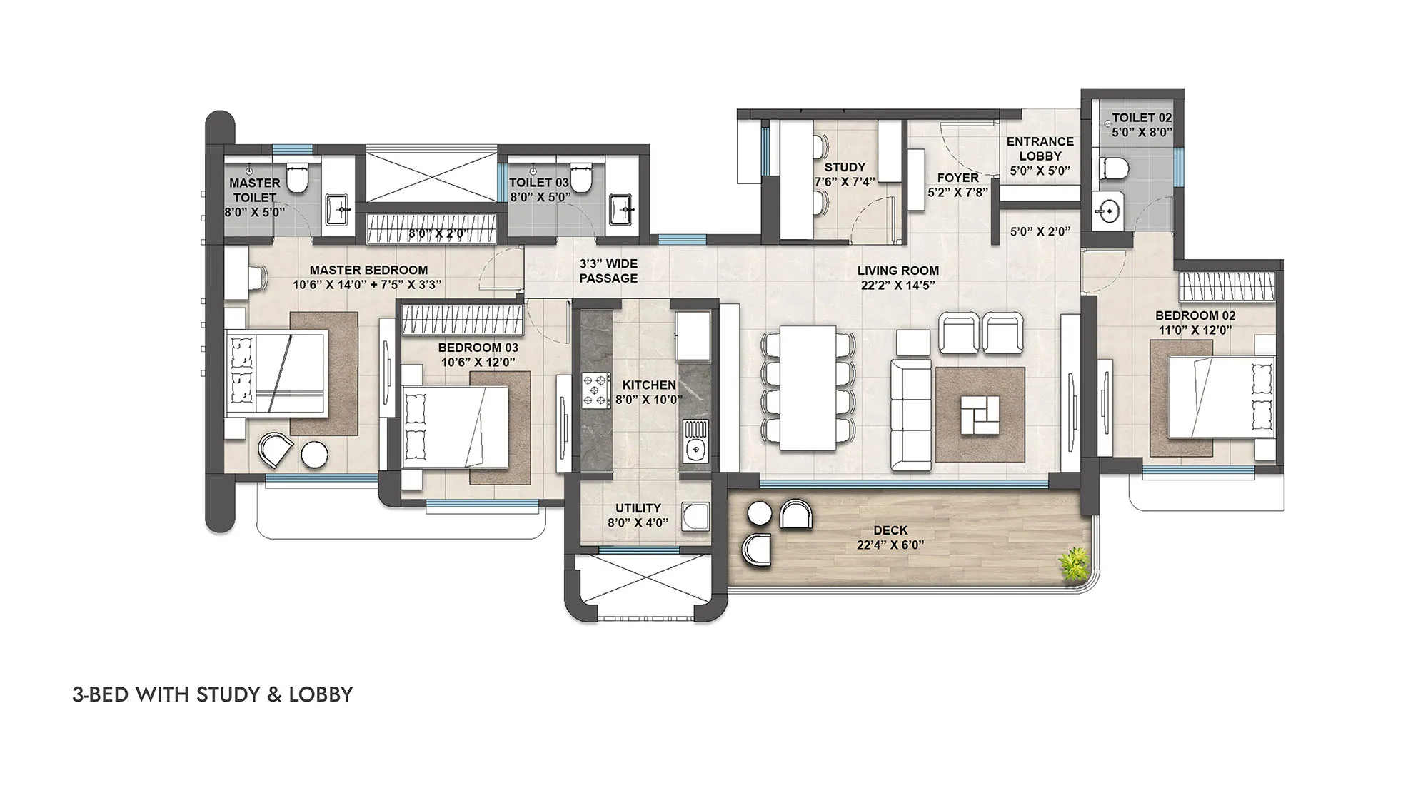 Lodha Belmont - Unit Plan of 3 BHK with study in Thane